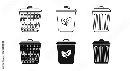 Set of 6 different recycling and trash bin icons in black and white outline and solid fill styles