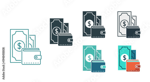 A curated set of financial vector icons, including wallets and currency notes, ideal for illustrating money management, personal finance, budgeting, and transaction concepts