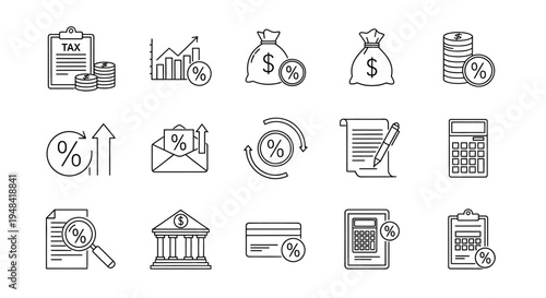 Financial management outline icons covering taxation, banking, money, interest, and growth concepts for business and accounting graphic designs