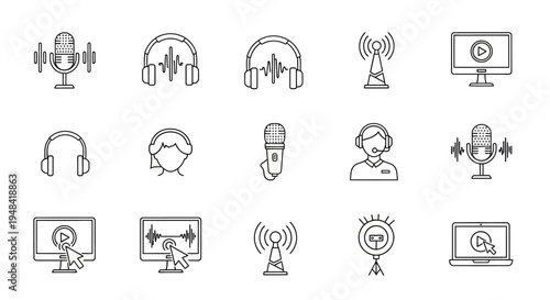 Modern vector line art icons illustrating podcasting, audio streaming, broadcasting, and digital communication concepts, ideal for media and technology designs and user interfaces