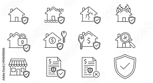 Set of insurance icons representing home, property, and financial protection against various risks and damages