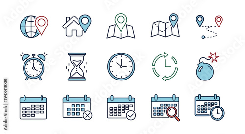 Vector outline icons for managing time, tracking location, and scheduling events. Useful for business planning, task organization, appointments, and deadline reminders