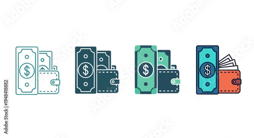Financial icons showing wallets with cash and banknotes, representing money and business transactions