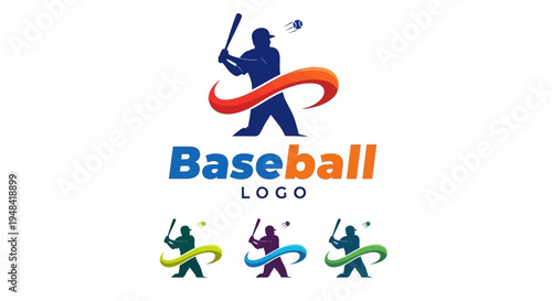 Dynamic baseball player logo design featuring a powerful batter silhouette mid-swing with a vibrant, swirling graphic element, perfect for sports branding, team identities, and athletic promotions