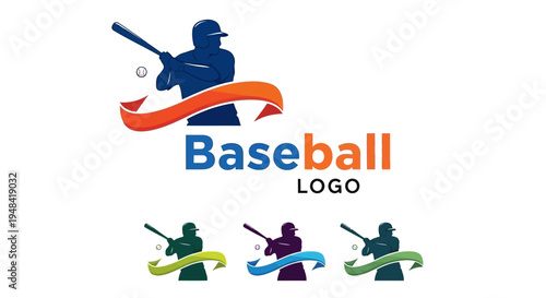 Dynamic baseball player silhouette logo design with a flowing ribbon element, ideal for sports teams, athletic clubs, and professional or youth league branding initiatives