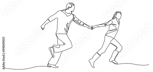 Minimalist continuous line illustration depicting a couple running while holding hands, Ideal for social media use, lifestyle blogs, wedding projects, etc.
