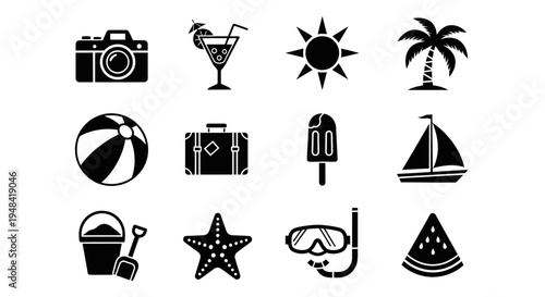 Collection of Summer Vacation Icons Including Camera, Cocktail, Sun, Palm Tree, Beach Ball, Suitcase, Popsicle, Sailboat, Bucket, Starfish, Goggles, and Watermelon