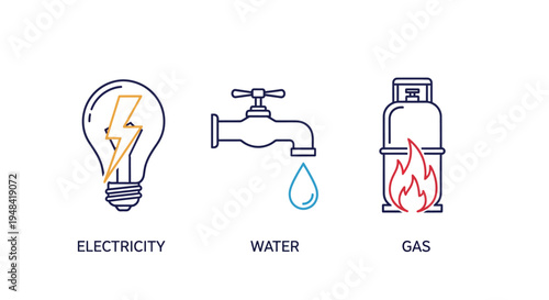 Iconographic representation of essential utilities electricity, water, and gas for home and industry