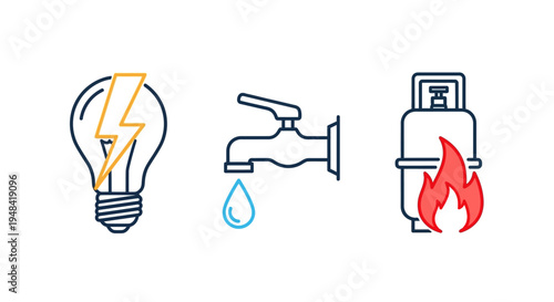Collection of essential public utility line icons representing modern household services for electricity, water supply, and natural gas, symbolizing fundamental energy and resource management