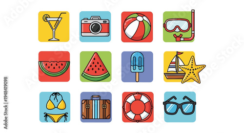 A delightful and vibrant collection of summer and vacation-themed icons, featuring essential beach items, travel accessories, and refreshing treats, perfect for holiday designs and digital projects