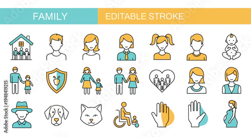 Family icons representing diverse relationships, home, protection, and love. Includes adults, children, pets, and support