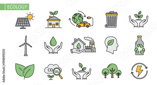 Collection of eco-friendly icons representing sustainability, renewable energy, and environmental conservation