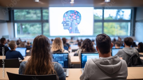 Explore the future of intelligence: students in a modern lecture hall attending an AI and neural network seminar, perfect for illustrating advanced education, technology trends, and machine learning.