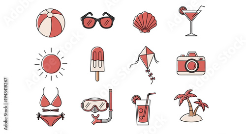 A comprehensive set of essential summer vacation icons, illustrating popular beach activities, tropical travel essentials, and refreshing holiday symbols for leisure and getaway designs