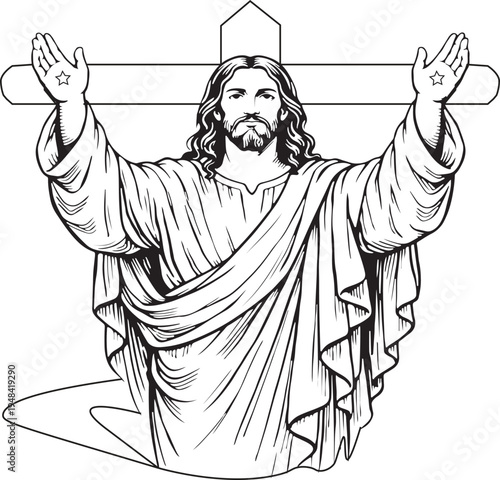 Jesus Christ Blessing with Cross Christian Religious Line Art Vector Illustration