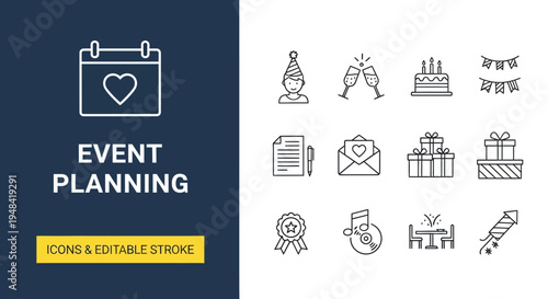 Comprehensive collection of event planning and celebration outline icons, ideal for organizing memorable parties, festive gatherings, and special occasions with editable strokes