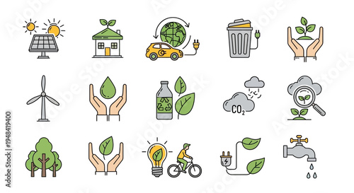 Illustrative icons for environmental protection, showcasing sustainable practices like renewable energy, responsible resource management, and eco-friendly lifestyles