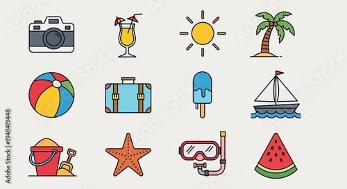Vibrant set of summer holiday and travel adventure icons, featuring essentials for beach vacations, sunny escapades, and relaxing leisure pursuits