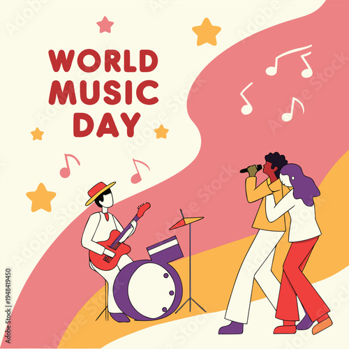 A vibrant illustration celebrates world music day with musicians performing and colorful musical notes