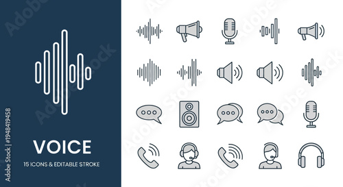 Modern Line Icons Representing Voice, Sound, and Audio Elements with Editable Strokes, Suitable for Web Interfaces, Mobile Apps, and Communication Designs for Digital Media