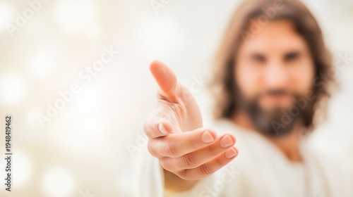 A message of hope and salvation: a close-up of a reaching hand with a blurred figure of Jesus Christ in the background, perfect for religious publications, church websites, and spiritual inspiration.