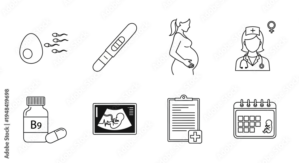 Fototapeta premium Essential Line Art Icons for Pregnancy and Women's Health Journey Fertility, Conception, Prenatal Care, Maternity, and Medical Support Stages Visuals