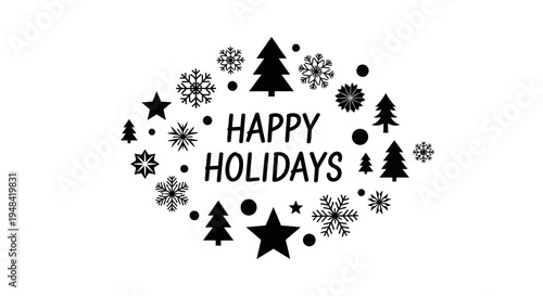 Black Happy Holidays Christmas Tree Snowflakes.