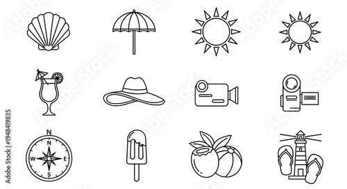 A versatile collection of black and white line art icons depicting essential elements and activities for a perfect summer vacation, beach getaway, or travel adventure, ideal for various digital 