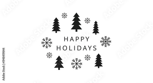 Black Happy Holidays Christmas Tree Snowflakes.