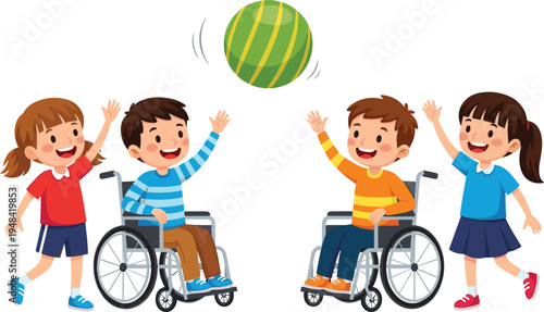 Inclusive group of children and disabled boys in wheelchairs playing with a ball together, diversity and friendship vector illustration, isolated.