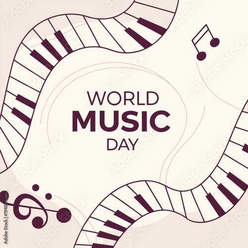 A decorative illustration featuring piano keys and musical notes celebrates world music day