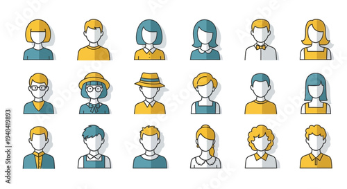 Collection of diverse flat avatars representing people of various genders and styles, ideal for user profiles and online communities