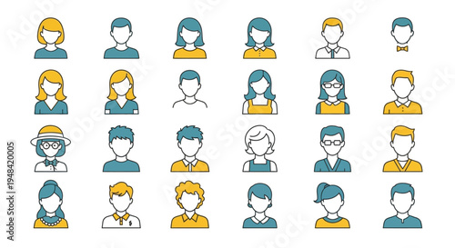 Set of diverse outline user avatars representing various people for modern digital interfaces, perfect for applications, websites, and community profiles
