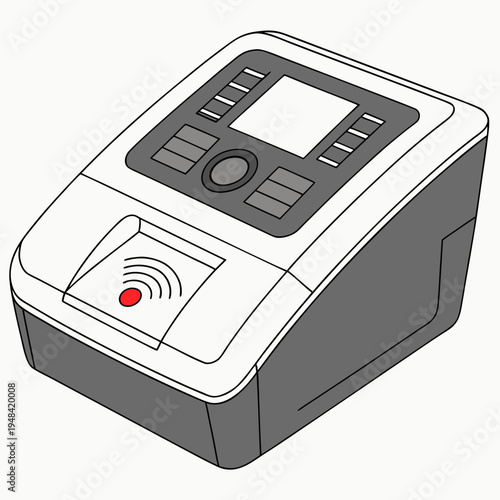 White and gray payment terminal with red button technology