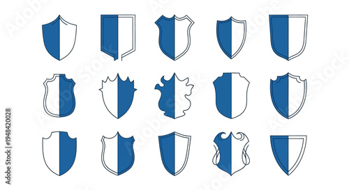 A diverse collection of varied shield shapes in a two-tone blue and white split design, ideal for heraldic emblems, security graphics, protection symbols, or decorative design 
