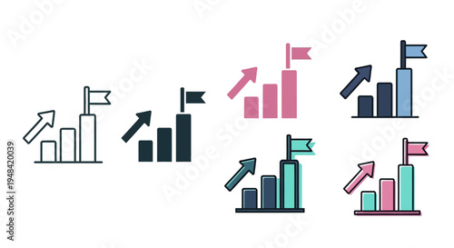Vector Icons Illustrating Business Growth, Financial Progress, and Goal Achievement with Upward Trends and Success Flags, Representing Future Objectives