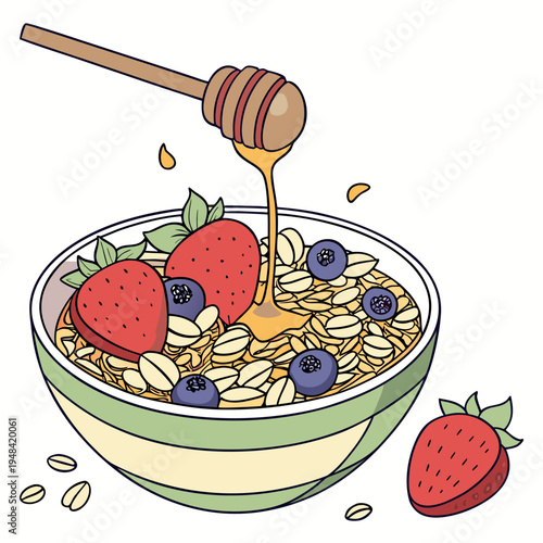 Bowl of oatmeal with strawberries, blueberries, and honey on a white background breakfast
