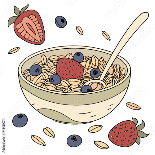 Bowl of oatmeal with strawberries and blueberries on a white background breakfast
