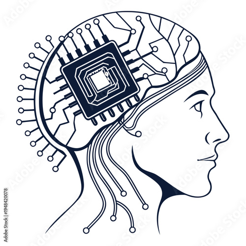 Black and white of a human head with a microchip in the brain