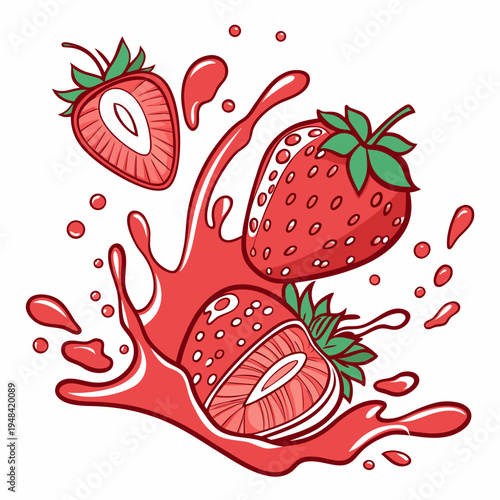 Strawberries with juice splash on white background fruit