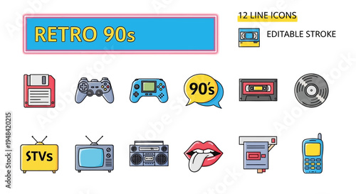 A curated set of vibrant line art icons, depicting nostalgic technological gadgets and pop culture items that defined the energetic and memorable 1990s decade, perfect for evoking retro charm