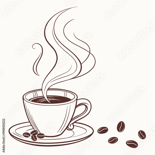 Steaming hot coffee cup on saucer with coffee beans