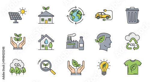 Eco-friendly icons Renewable energy, sustainability, and green living symbols for a healthier planet