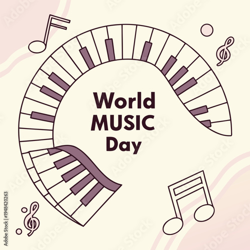A circular piano keyboard design celebrates world music day with musical notes and a beige background