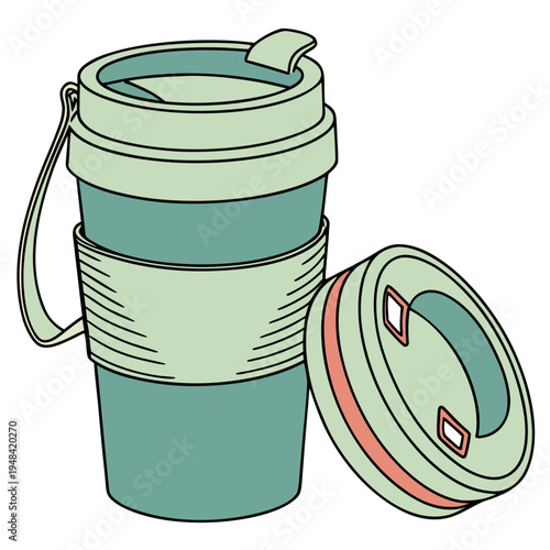 Green reusable coffee cup with lid on white background