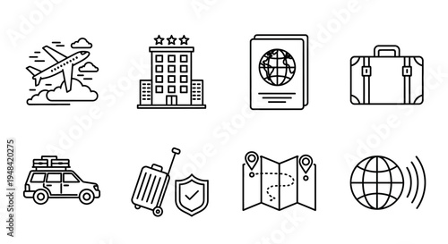 Set of vector icons representing travel and transportation, including airplane, hotel, passport, luggage, car, map, and globe