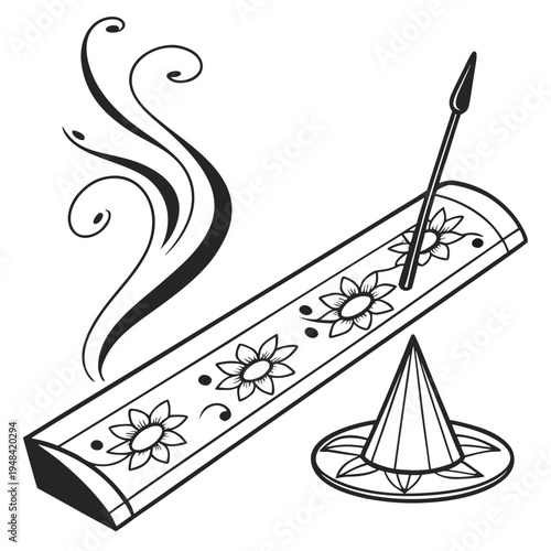 Black and white of incense stick and holder on white background smoke