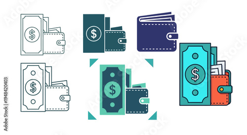 Collection of diverse vector icons depicting wallets filled with cash and cards, symbolizing financial management, budgeting, payment methods, and economic transactions