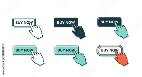Diverse collection of 'Buy Now' button vector icons featuring clicking hand cursors, ideal for e-commerce platforms, web design, and digital marketing strategies