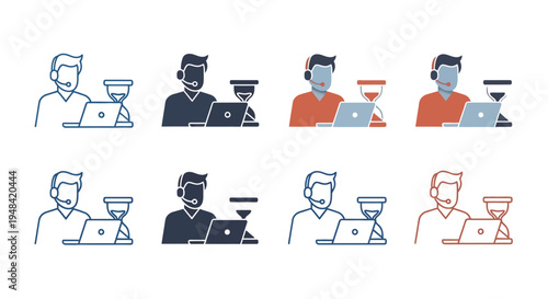 Diverse representations of a customer service representative with a laptop and hourglass, showcasing different color schemes and styles for digital communication and time management